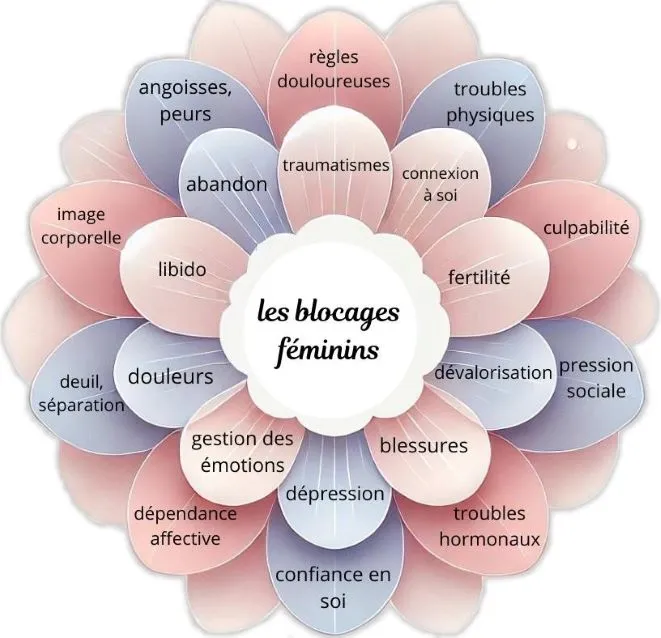 troubles de la fertilité, dévalorisation, blessures, dépression, gestion des émotions, douleurs, libido, abandon, traumatismes physiques et émotionnels, connexion à soi, troubles physiques, règles douloureuses, ménopause, angoisses, peurs, image corporelle, deuil, séparation, dépendance affective, confiance en soi, troubles hormonaux, pression sociale, culpabilité